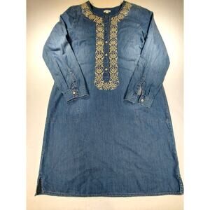 J Jill Chambray Denim Button Embroidery Front Long Sleeve Pocket Dress Medium